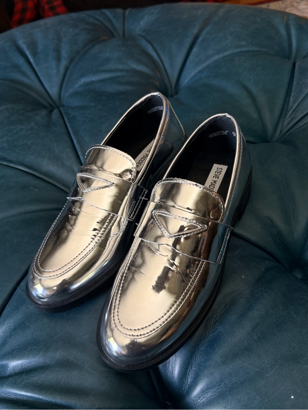 Steve Madden Metallic Chrome Silver Slip-On Penny Loafers 8